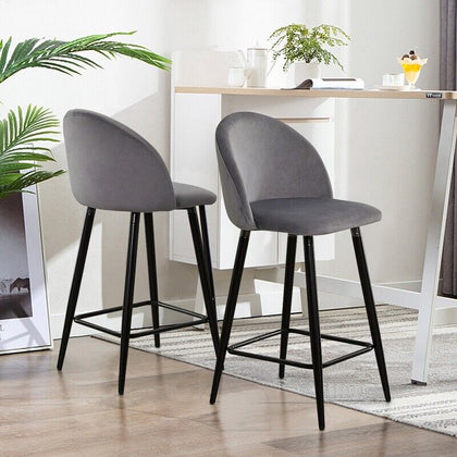 2X Bar Stools Velvet Breakfast Stool Kitchen Pub Chairs Grey 75cm Seat High