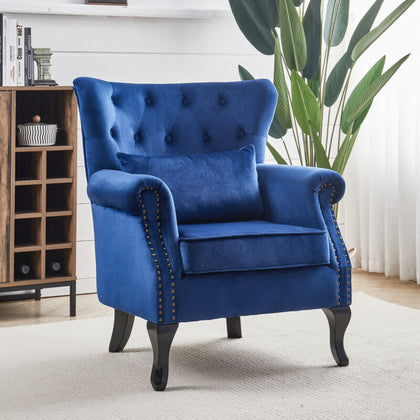 Upholstered Velvet Armchair Chair Fireside Chairs Queen Anne Wingback Sofa Blue