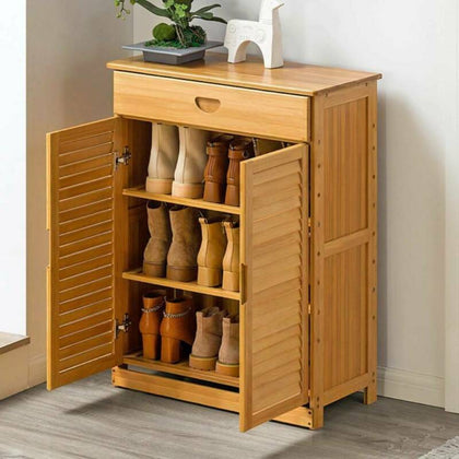 3 Tier Shoe Cabinet Cupboard Storage Drawer Wood Footwear Rack Stand 2 Door Unit