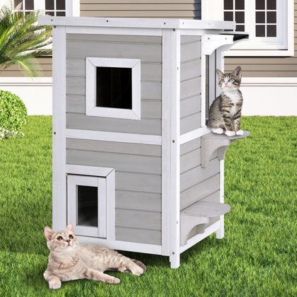Wooden 2-Floor Cat House Pet House Kitten Shelter With Window Outdoor Indoor
