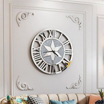 Personalised Silver Diamante Crush Crystal Mirror Glass Round Wall Clock Decor