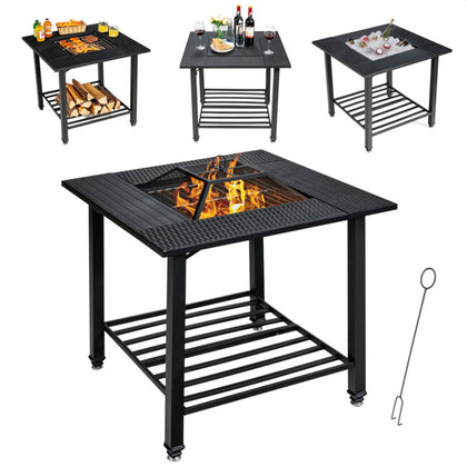 4 in 1 Outdoor Fire Pit Dining Table Square Wood Burning Fire Bowl W/ Mesh Cover