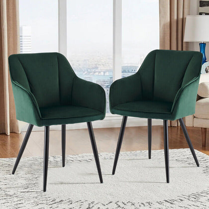 2pcs Green Velvet Dining Chairs Set Padded Seat Metal Legs Kitchen Furniture