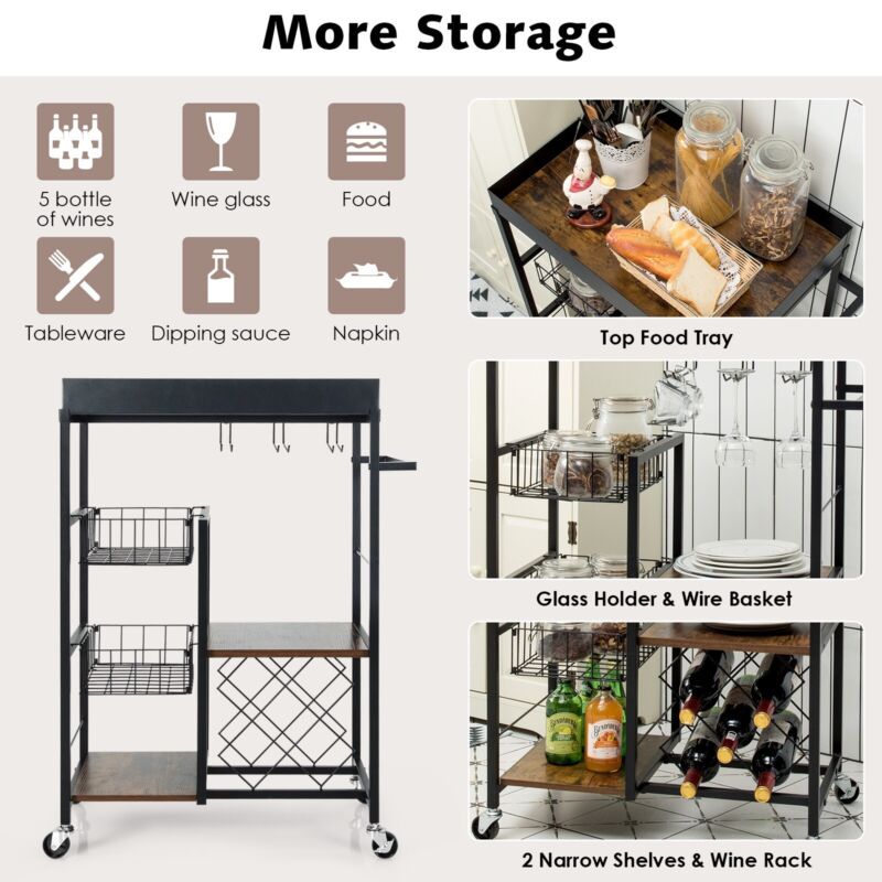 Kitchen Seving Rek 4-Tier Kitchen Serving Trolley Rolling Storage Cart W/ Wine Rack & Gla ...