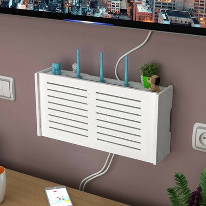 Large White Floating Wall Mount Shelf Wifi Router Wooden Shelf Storage Box Unit