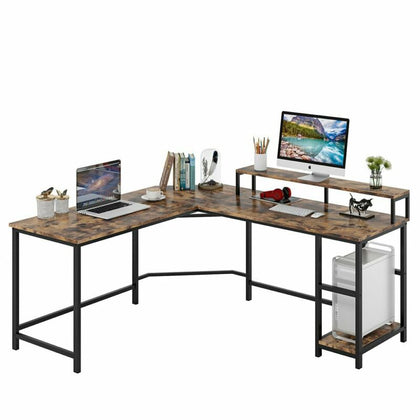 Rustic Computer Workstation Large PC Gaming Desk with Monitor Stand & Shelves UK