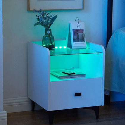 White LED Bedside Table Cabinet Nightstand Side End Table Glass Top 1 Drawer