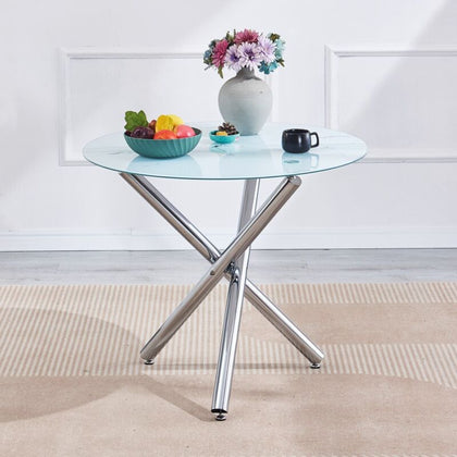 Round White Marble Tempered Glass Dining Table Silver Chromed Legs Dining Room