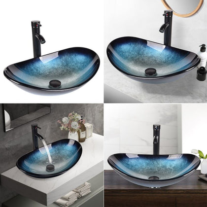 Bathroom Sink Bowl Wash Basin Countertop Cloakroom Tempered Glass Tap Waste Set