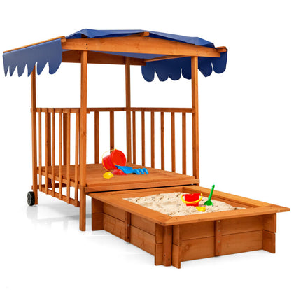 Wooden Retractable Sandbox with Cover Kids Cabana Sand Box Outdoor Playhouse