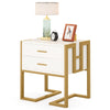 White Wooden Bedside Table with Metal Base, Modern Nightstand Side End Table