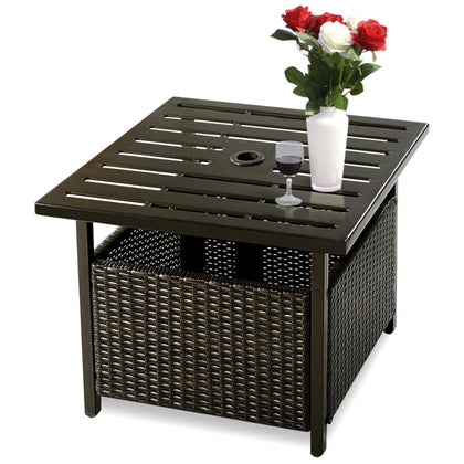 Rattan Umbrella Side Table Outdoor Garden Leisure Coffee Table w/Umbrella Hole
