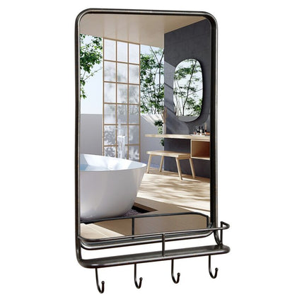 Wall-mounted Bathroom Mirror Rectangle Bedroom Vanity Mirror w/ Shelf & 4 Hooks