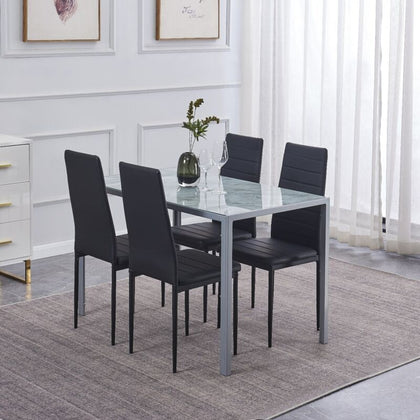 4x Black Faux Leather Dining Chairs Grey Marble Tempered Glass Dining Table Set