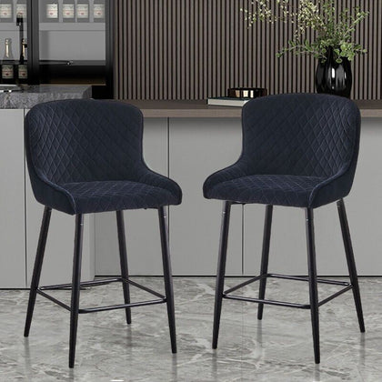 Set of 2 Bar Stools Velvet Modern Bar Chair Metal Legs Home Kitchen Black New