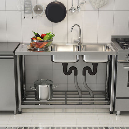 120cm Stainless Steel Commercial Kitchen Double Bowl Sink W/Shelf& Left Platform