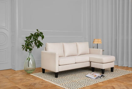 3 Seater L Shape Sofa Cream Fabric Cushioned Settee Modern Living Couch