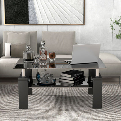 Modern Rectangle Glass Coffee Table With Storage Shelf Living Room Furniture QA