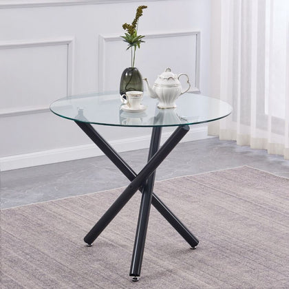 Round Clear Tempered Glass Black Metal Legs Dining Table Dining Room Living Room