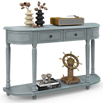 Retro Console Table Narrow Entryway Table Side Table w/ 2 Drawers & Open Shelf