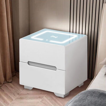 2 Drawers White Bedside Tables Cabinets Wireless Charging LED Lights Bedroom