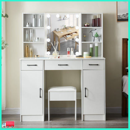 Bedroom Makeup Desk Vanity Set Dressing Table With LED Lights Mirror & Stool UK
