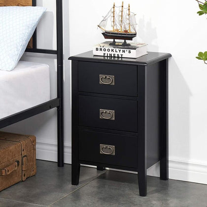 Black Bedside Table Tall Wooden Legs 3 Storage Drawers Silver Metal Drop Handles