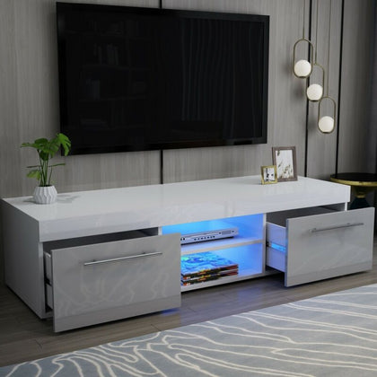 Modern TV Unit Stand Cabinet High Gloss Grey 2 Drawers Glass Shelf & LED Light
