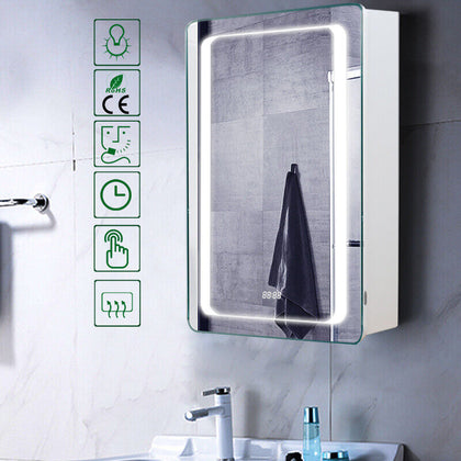 Modern Bathroom Mirror Cabinet LED Illuminated Cupboard With Clock Motion Sensor