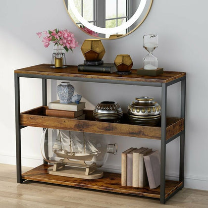 3Tier Industrial Console Side Table with Iron Tube Frame for Hallway Living Room