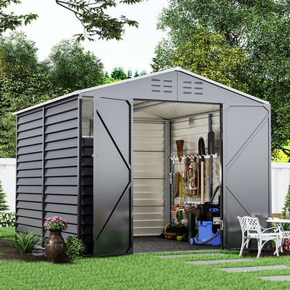 8X8.5FT Grey Metal Shed Garden Shed with Lockable Double Door & Air Vents Window