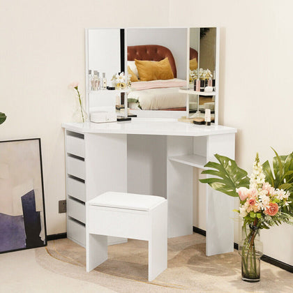 White Wood Corner Dressing Table Makeup Desk Bedroom Furniture Gift 5 Drawers