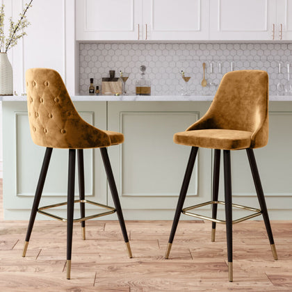 2Pcs Velvet High Bar Stools Breakfast Kitchen Counter Chairs Gold Metal Footrest