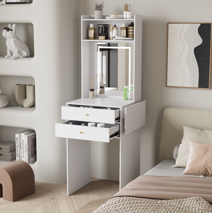 Vanity Dressing Table Extendable Panel LED Light Mirror Storage Shelves White