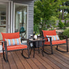 Outdoor 3 PCS Patio Rattan Wicker Rocking Bistro Set W/ Glass Table & Cushions
