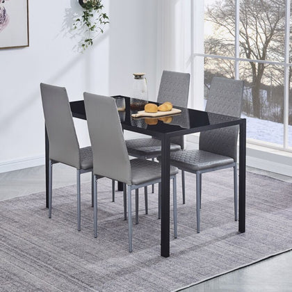 4pcs Grey Faux Leather Dining Chairs Ripple Lines & Black Glass Dining Table Set