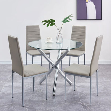 4x Grey Faux Leather Dining Chairs Round Tempered Glass Dining Table Dining Room