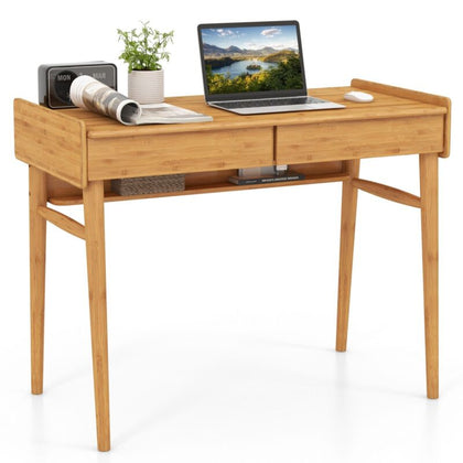 Modern Bamboo Computer Desk 100cm Writing Desk Home Office Workstation 2 Drawer