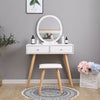 Vanity Dressing Table Makeup Desk w/ Round Mirror&2 Drawers,Stool White Bedroom