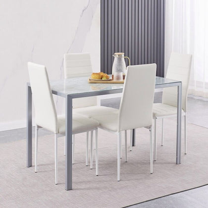 4x White Faux Leather Dining Chairs&Grey Marble Tempered Glass Dining Table Set