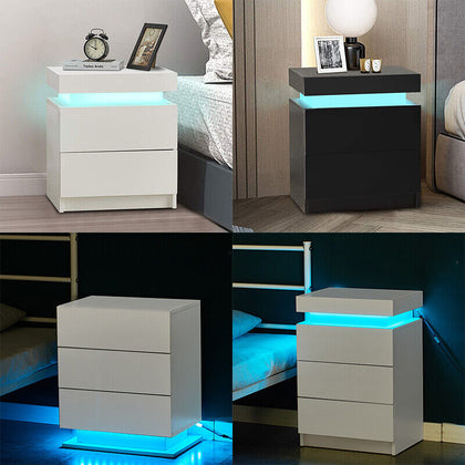 2/3 Drawers High Gloss Front Bedside Table Cabinet LED Nightstand Black/White