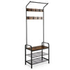 3-in-1 Industrial Coat Rack w/ Shoe Bench Storage Shelf Bench Coat Stand w/Hooks