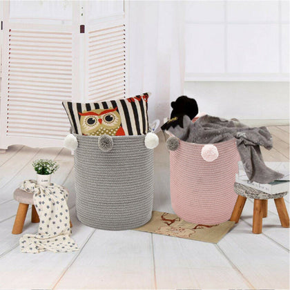 Woven Hamper Pompom Laundry Storage Basket Dirty Clothes Storage Basket