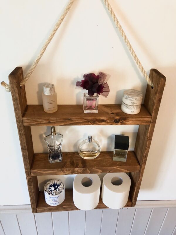 Rustic Hanging Ladder Shelf With Rope Medium Oak Quildinc