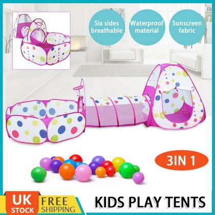 Portable 3 in 1 Kids Baby Play Tent Tunnel Ball Pit Playhouse Ocean Balls Pool