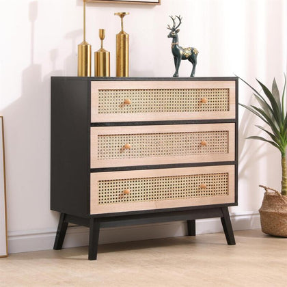 Natural Rattan Chest Of 3 Drawers Black Pine Wood Legs Scandinavian Storage Unit