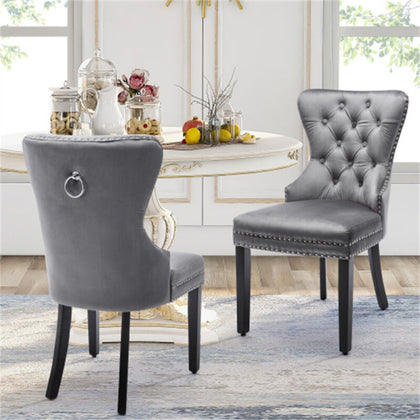 Set of 2 Grey Velvet Dining Chairs Dining Room Kitchen High Back Wooden Legs NS