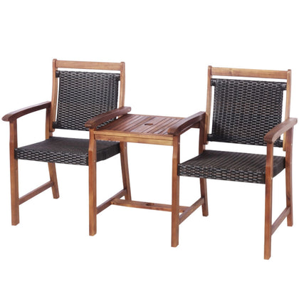 3PCS Wooden Furniture Set Outdoor Garden 2-Seater Table Chairs W/ Umbrella Hole