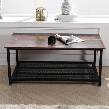 Rustic Coffee Table Industrial Style Furniture Vintage Wood Storage Metal Shelf