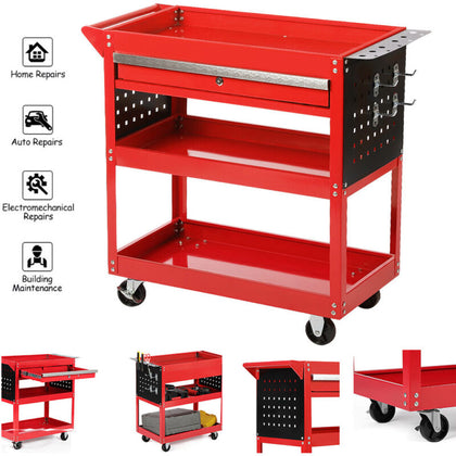 3Tier Tool Trolley Cart Storage Shelf Roller Cabinet Garage Workshop with Drawer